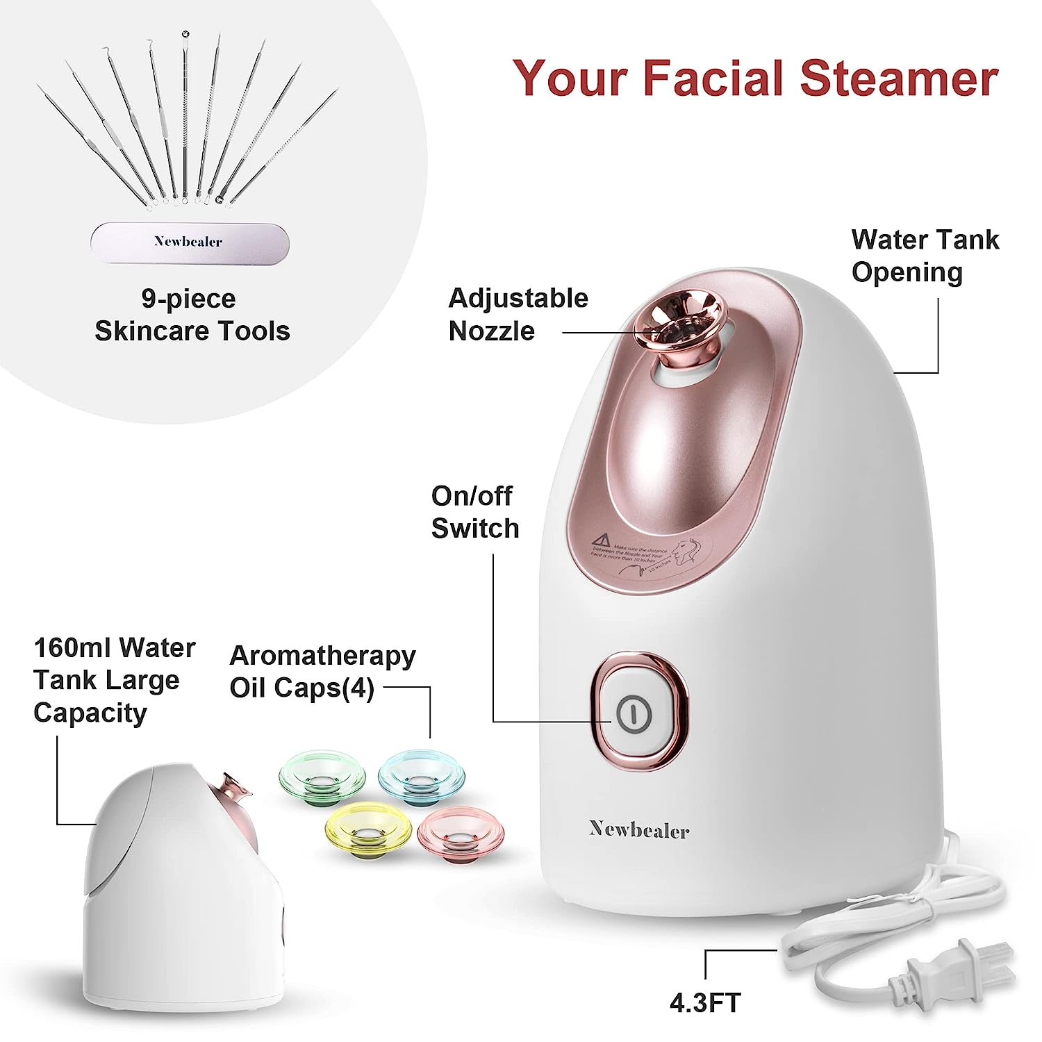 Newbealer Mini Aroma Face Steamer, 160ml Nano Ionic Hot Mist Facial Humidifier Atomizer, Home Sauna Spa Sprayer Moisturizing Cleansing Pores, 9 Pieces Acne Remover Kit Included, Pink-Gold - Image 2